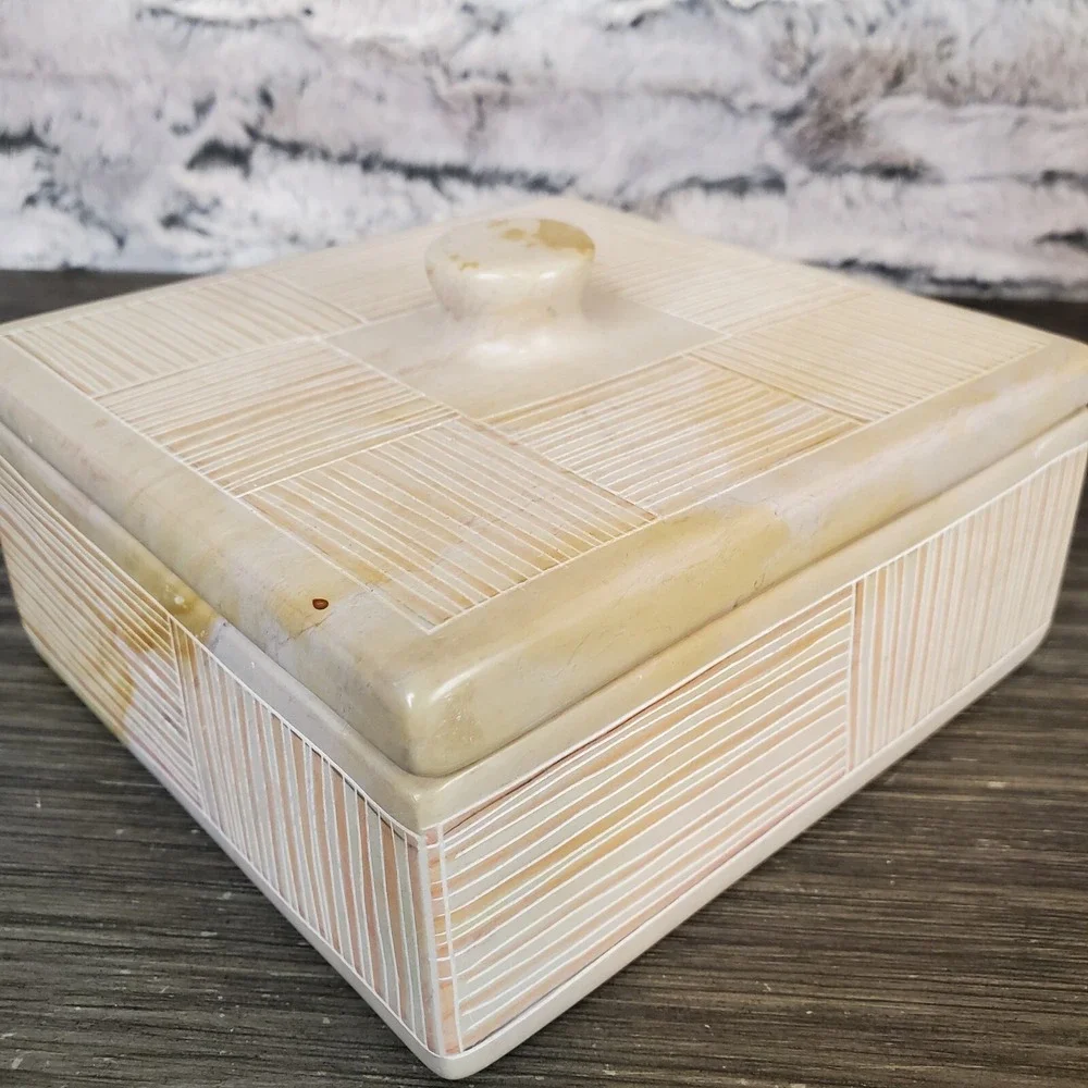 Square Carved Soapstone Trinket Box W/ Lid Geometric Neutrals HEAVY Kenya